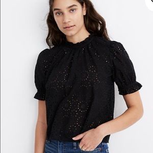 Embroidered Eyelet Ruffle-Neck Keyhole Top